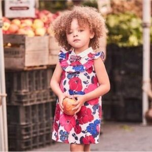 Janie and Jack Floral Sleeveless Dress, White Collar and Striped bow, Size 2T